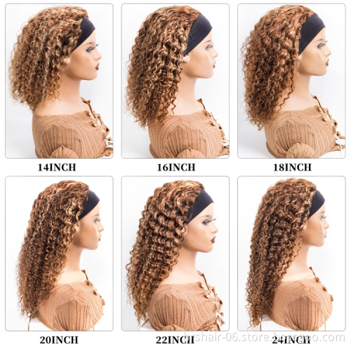 Drop Shipping 100% Virgin Brazilian Human Hair Headband Wigs Cheap Wholesale Deep Wave Highlight Ombre P4/27 Color No Lace Wigs
